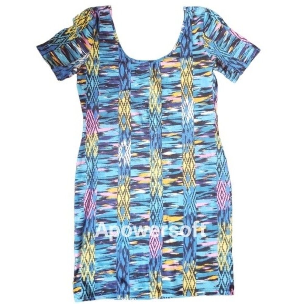 Blue Geometric Bodycon Tee Dress Scoop Neck Mini Dress Size Large